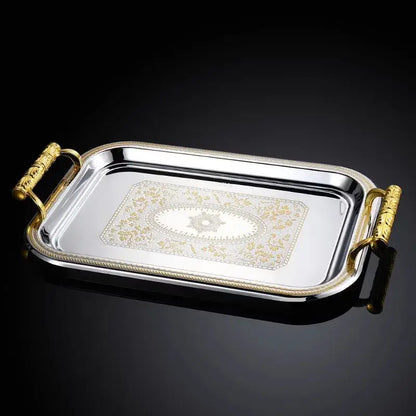 Rectangular silver tray with gold-handled ornate handles and a central floral design for decorbites ceramic animal display
