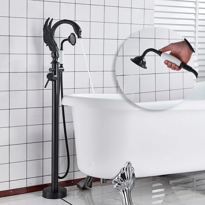 Black wrought iron bathtub faucet with ornate dragon head design and matching handheld showerhead for bathroom decorbites black bathtub faucet