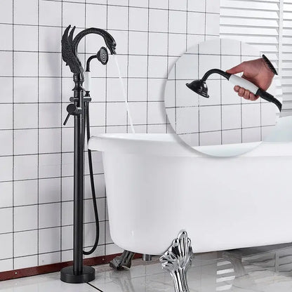 Black wrought iron bathtub faucet with ornate dragon head design and matching handheld showerhead for bathroom decorbites black bathtub faucet