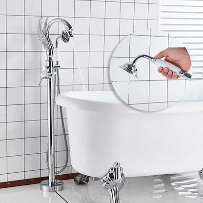 Chrome-finished clawfoot bathtub faucet with ornate winged design and matching handheld showerhead for bathroom decorbites black bathtub