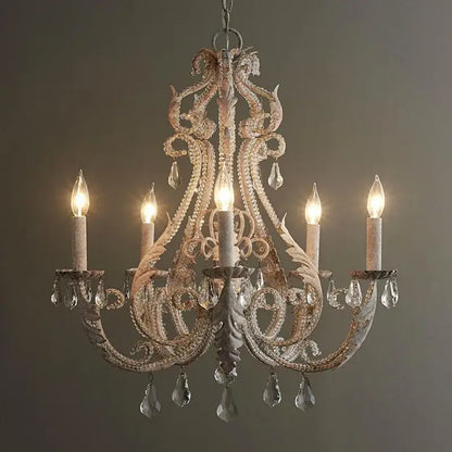 Antique white ornate decorbites iron crystal chandelier with metalwork and crystal droplets for living room decor