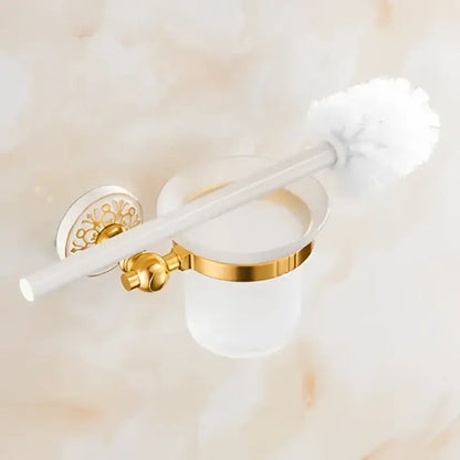 Ornate white and gold decorbites bath hardware set with frosted glass toilet brush holder and circular wall mount