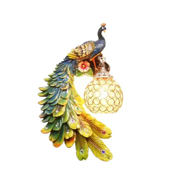 Ornate white gold peacock crystal wall lamp with iridescent blue green feathers and glass globe shade for bedroom decorbites gold peacock