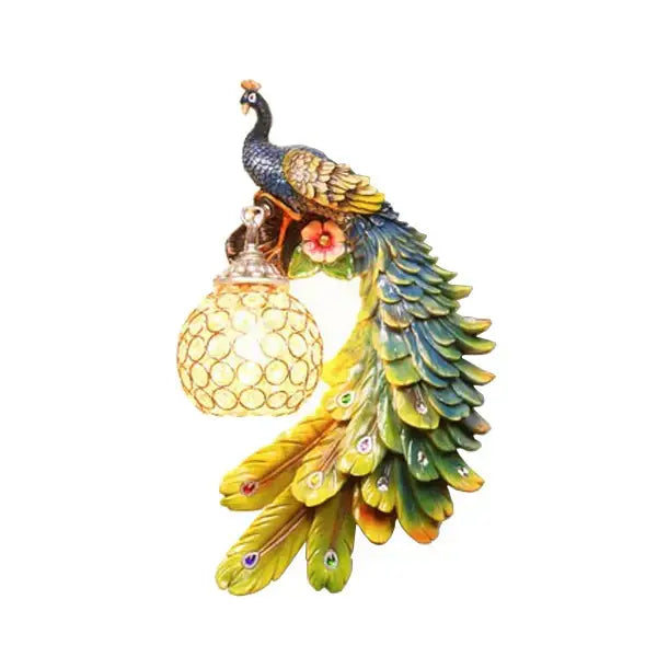 Ornate white gold peacock crystal wall lamp with glossy multicolored resin feathers and glass globe shade for bedroom decorbites gold peacock