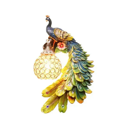 Ornate white gold peacock crystal wall lamp with glossy multicolored resin feathers and glass globe shade for bedroom decorbites gold peacock