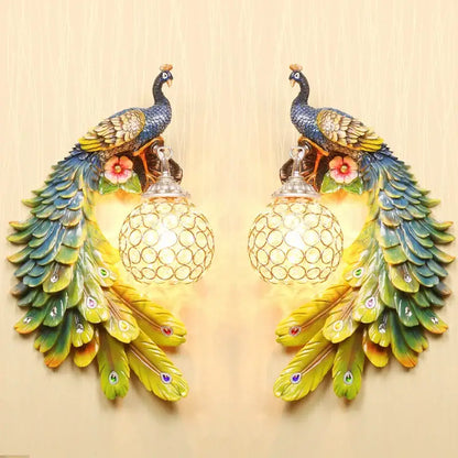 Pair of ornate white gold peacock crystal wall lamp bedroom sconces with iridescent feathers and floral accents