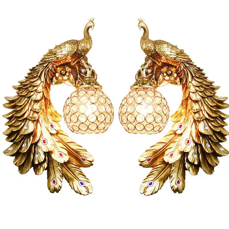 Ornate white gold peacock crystal wall lamp bedroom sconce pair with intricate feathers and red blue gemstones decorbites gold peacock
