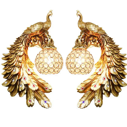 Ornate white gold peacock crystal wall lamp bedroom sconce pair with intricate feathers and red blue gemstones decorbites gold peacock