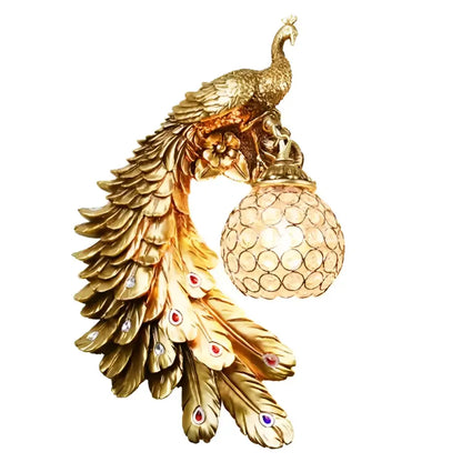 Ornate white gold peacock crystal wall lamp with intricate feather details and crystal-encrusted globe for bedroom decorbites gold peacock
