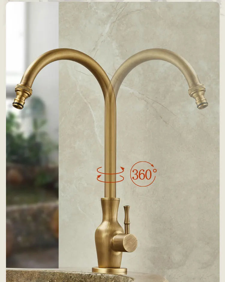 Brass-finished single hole outdoor antifreeze faucet with 360-degree swivel base and textured handle for balcony use
