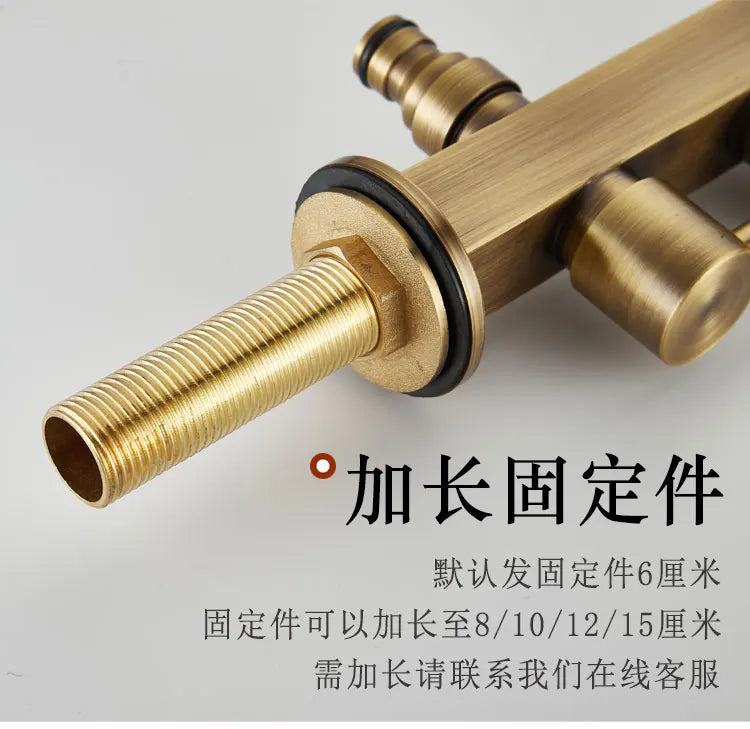 Brass-finished single hole outdoor antifreeze faucet with threaded connections and black rubber gasket for balcony basin