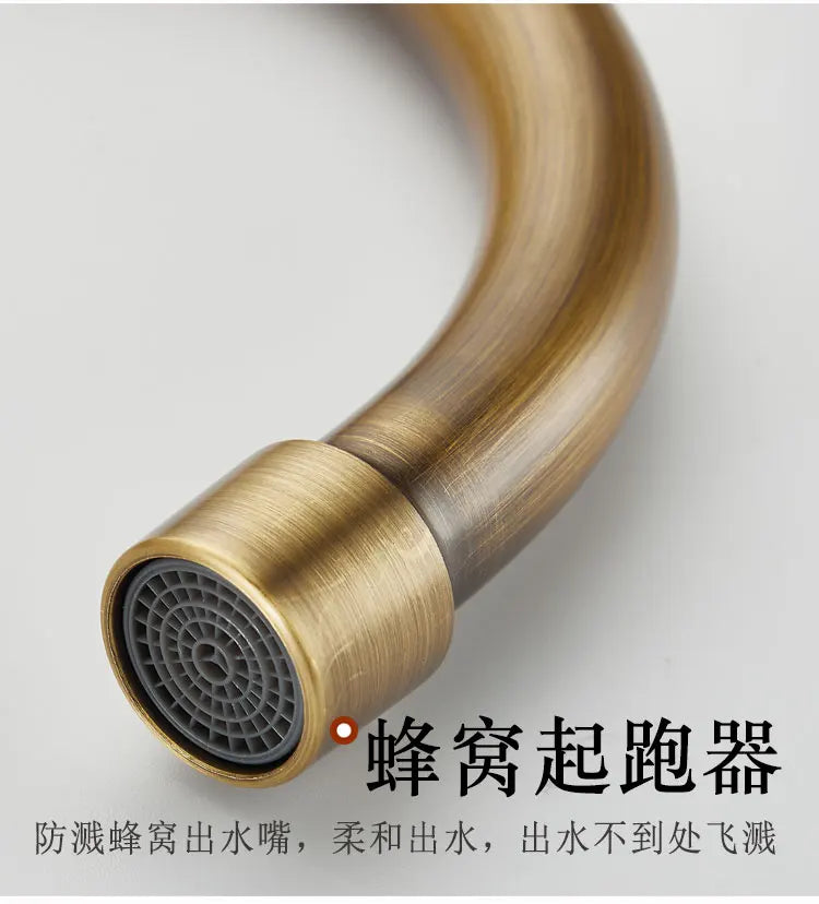 Antique brass finished single hole outdoor antifreeze faucet with curved spout and gray mesh filter for balcony use