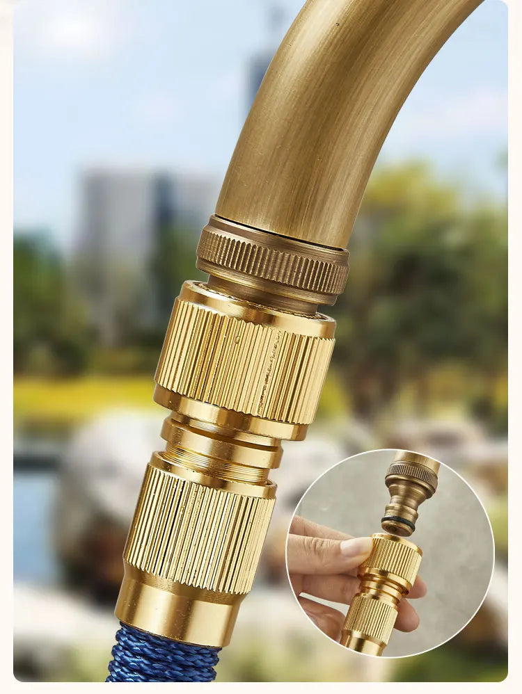 Gold-colored brass single hole outdoor antifreeze faucet with ribbed threading and blue braided hose attachment