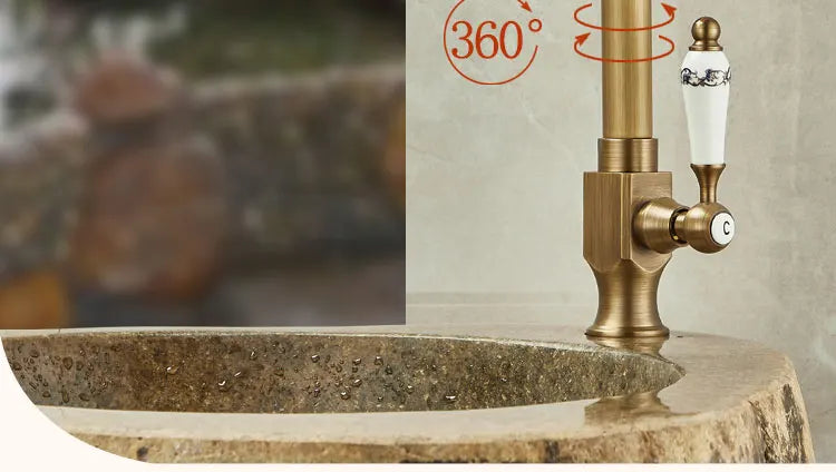 Antique brass outdoor antifreeze single hole faucet with white ceramic handle and black decorative patterns for balcony use