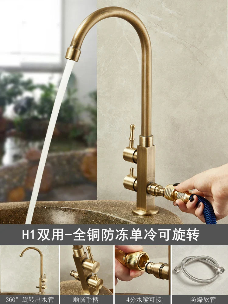 Brass-finished antique brass single hole outdoor antifreeze kitchen faucet with arched 360° swivel spout and dual handles