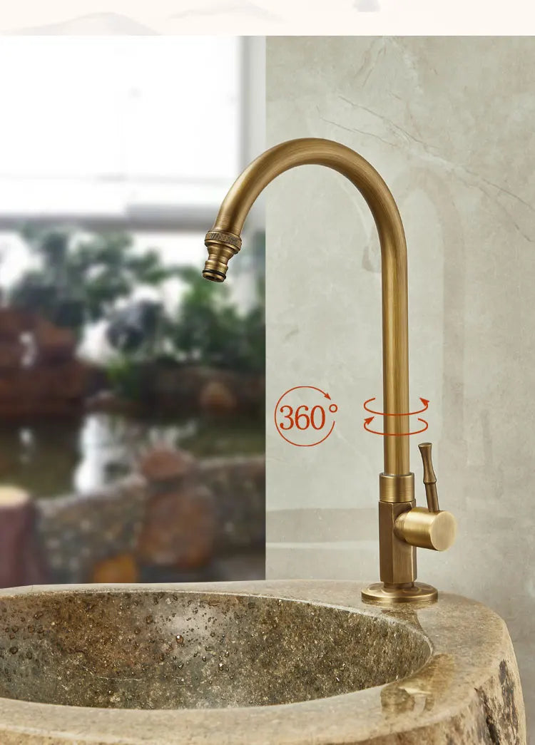 Brass-finished single hole outdoor antifreeze faucet with curved spout and 360° swivel handle for balcony use