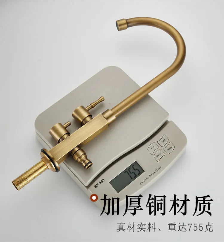 A brass-finished single hole outdoor antifreeze faucet with curved design and two handles for cold water use
