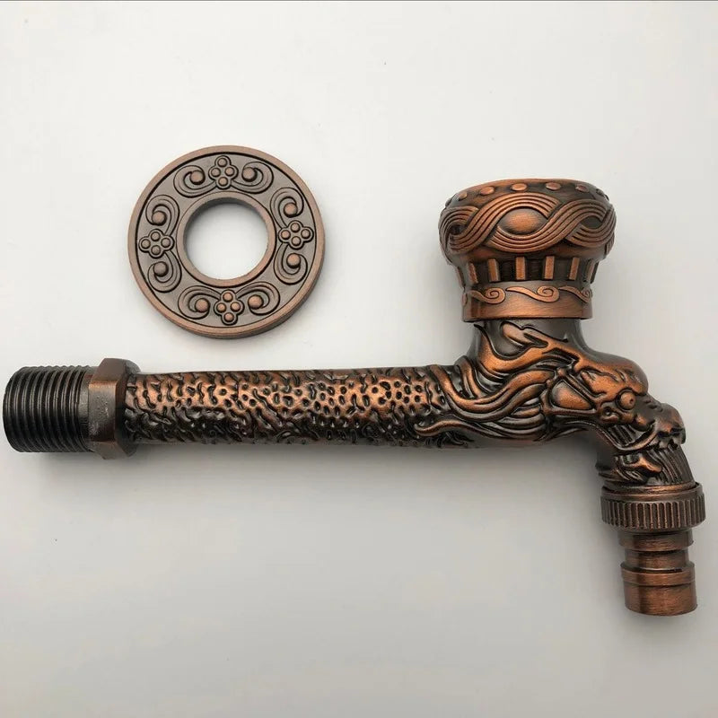 Bronze-colored wall mounted outdoor faucet with intricate dragon design and ornate circular flange in zinc alloy