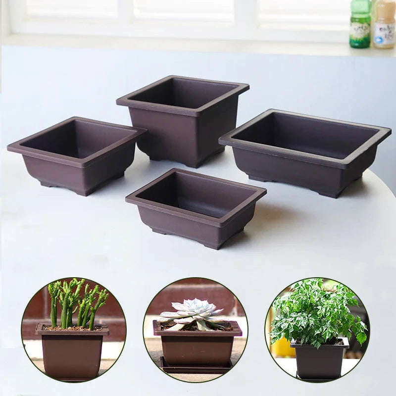 Set of four dark brown rectangular ceramic bonsai pots in imitation purple clay for outdoor succulent plants pots