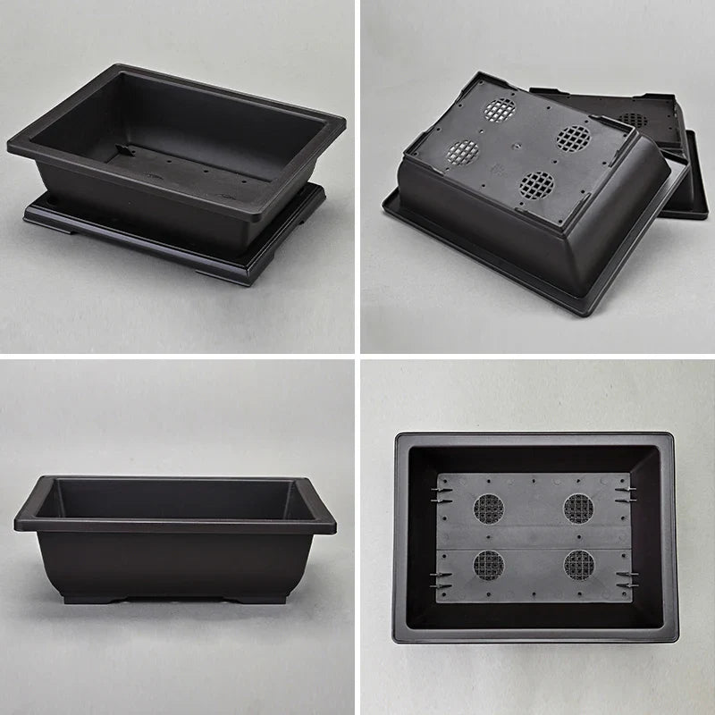 Black rectangular plastic bonsai pot with matching drainage tray and perforated lid for succulent plants pots