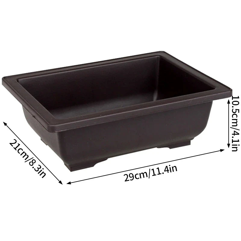 Dark brown rectangular plastic bonsai pot with rounded corners and shallow wide interior for succulent plants pots