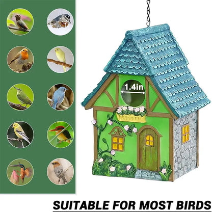 Green and blue DecorBites™ resin birdhouse with tiled roof, stone-textured walls, and flowers for small birds outdoor hanging