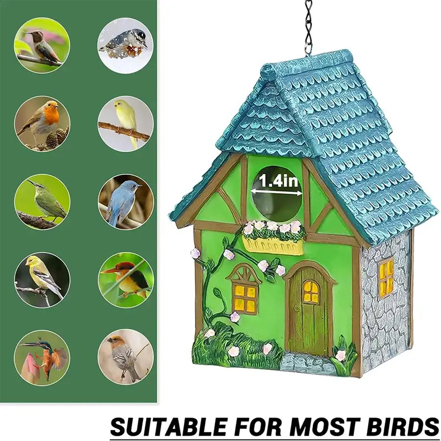 Green and blue DecorBites™ resin birdhouse with tiled roof, stone-textured walls, and flowers for small birds outdoor hanging