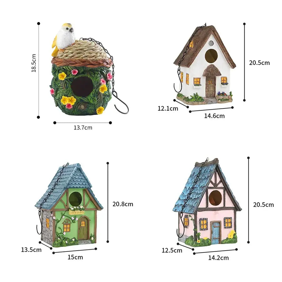 A charming green DecorBites™ outdoor hanging resin birdhouse with a thatched roof and yellow flowers for small birds