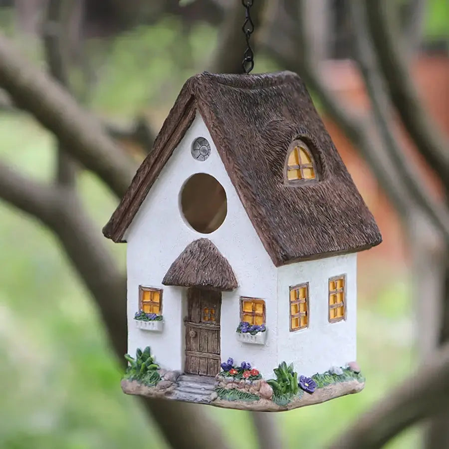 Decorbites™ bird lovers outdoor hanging resin birdhouse in white with thatched roof for small birds garden decor