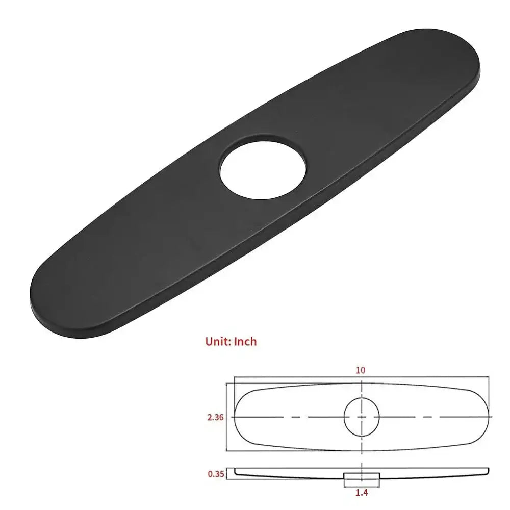 Oval black matte-finished metal decorbites deck plate with central circular hole for kitchen faucet escutcheon