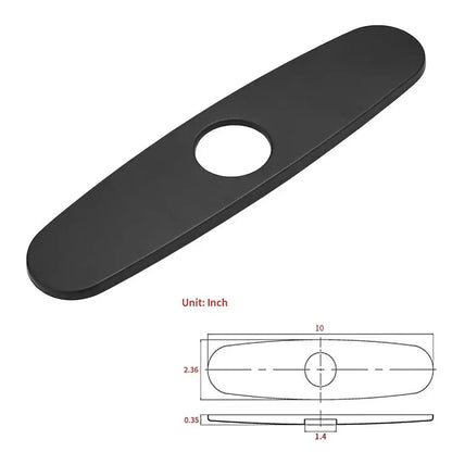 Oval black matte-finished metal decorbites deck plate with central circular hole for kitchen faucet escutcheon