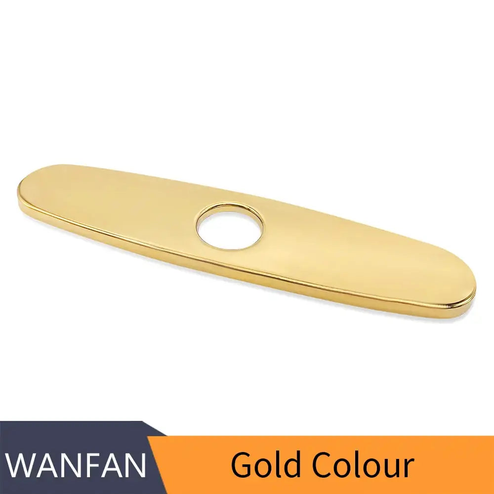 Gold-colored sleekly polished metal faucet handle with central hole for oval black and chrome decorbites deck plate