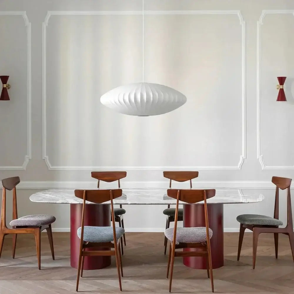 Oval white ribbed bubble silk pendant chandelier for dining room featuring decorbites bubble silk pendant design