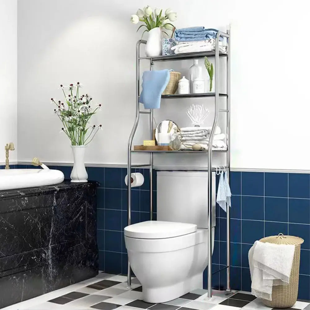DecorBites™ silver metal 3-tier over toilet storage shelf maximizing vertical space for towels and toiletries