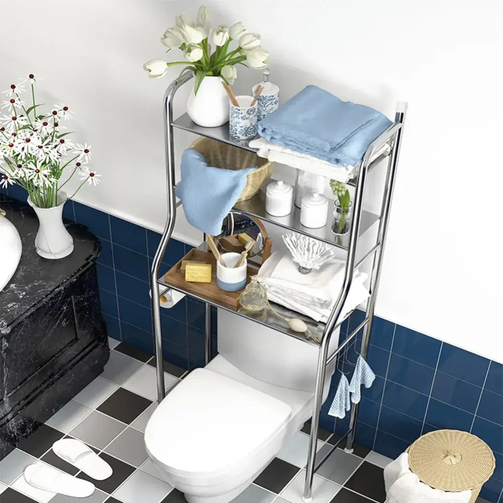 Stainless steel decorbites 3-tier over toilet storage shelf with wooden tray utilizes vertical space efficiently