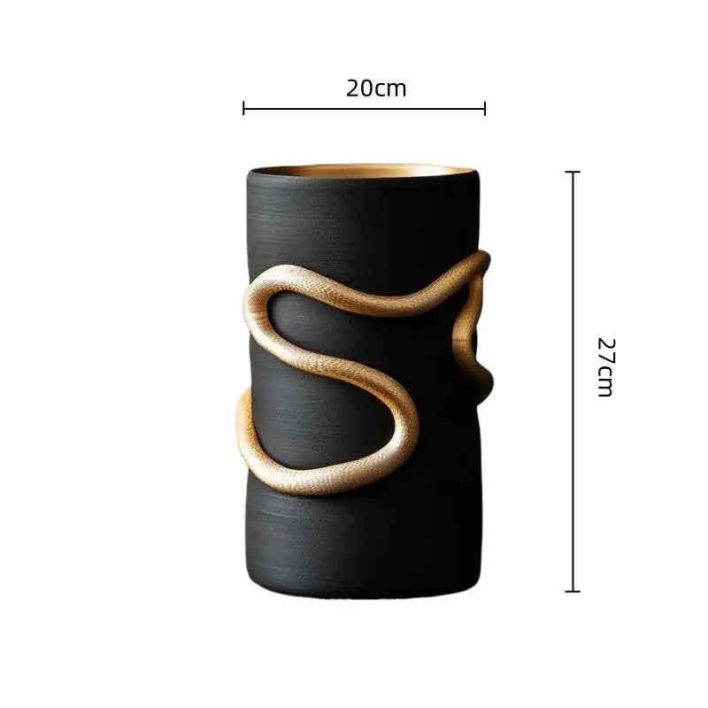 Pagoda black snake pattern black ceramic vase with gold-toned serpentine band for living room decor