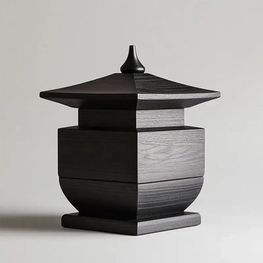 Black and gray wood-toned pagoda-style decorative box with black snake pattern tiered design for living room decor