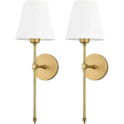 Pair of brass wall lamp sconces with white fabric shades for bedroom decor featuring decorbites contemporary led style
