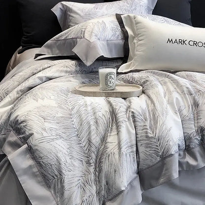 White satin egyptian cotton bedding sets with gray palm leaf pattern and dark gray piping cotton bedding sets