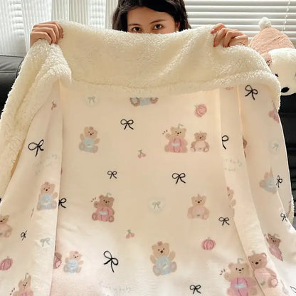 Cream-colored decorbites cozy fleece blanket with pastel teddy bears and black bows soft plush bedroom throw