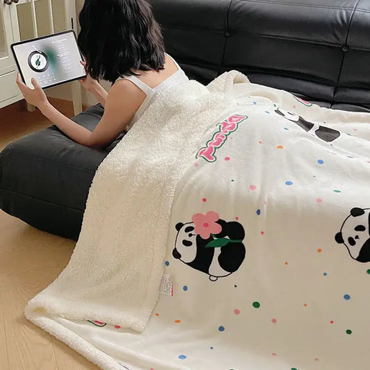 White cozy fleece blanket with playful black panda illustrations pink flowers and polka dots by decorbites cozy fleece