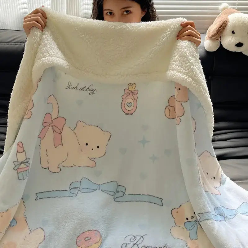 Soft cream-colored decorbites cozy fleece blanket with light blue panda pattern perfect as a cozy bedroom throw