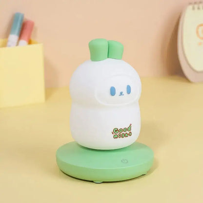 White plush rabbit-shaped kids animal silicone night light with green ears and good night decorbites kids animal decor