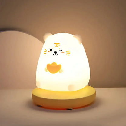 Cute white silicone kids animal night light shaped like a cartoon tiger with yellow accents and heart decorbites kids animal