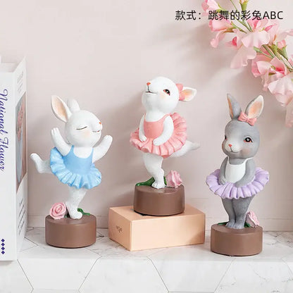 Three pastel ballet rabbit dancer sculptures with tutus and bows for bedroom desk decor