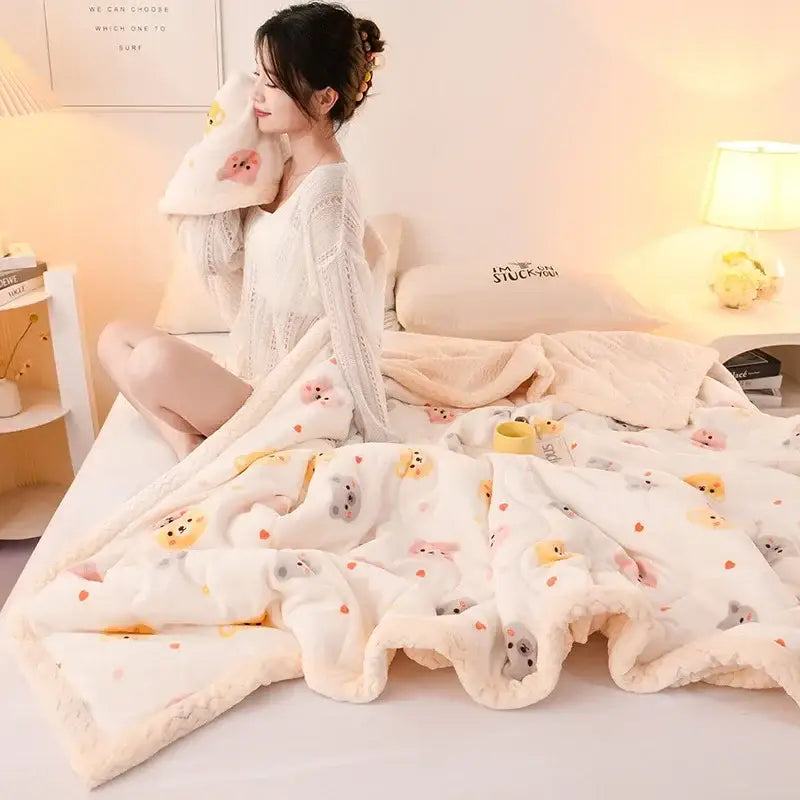 Soft white pastel bear beibei velvet warmth blanket with cute cartoon animal prints and fluffy fleece texture