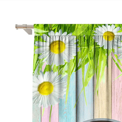 Pastel blue bunny easter curtains with pole pocket featuring white daisies and green grass for living rooms