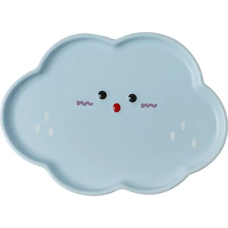 Pastel blue ceramic cloud tulip cartoon dog plate with black eyes red nose and purple whiskers for dining decorbites cloud tulip