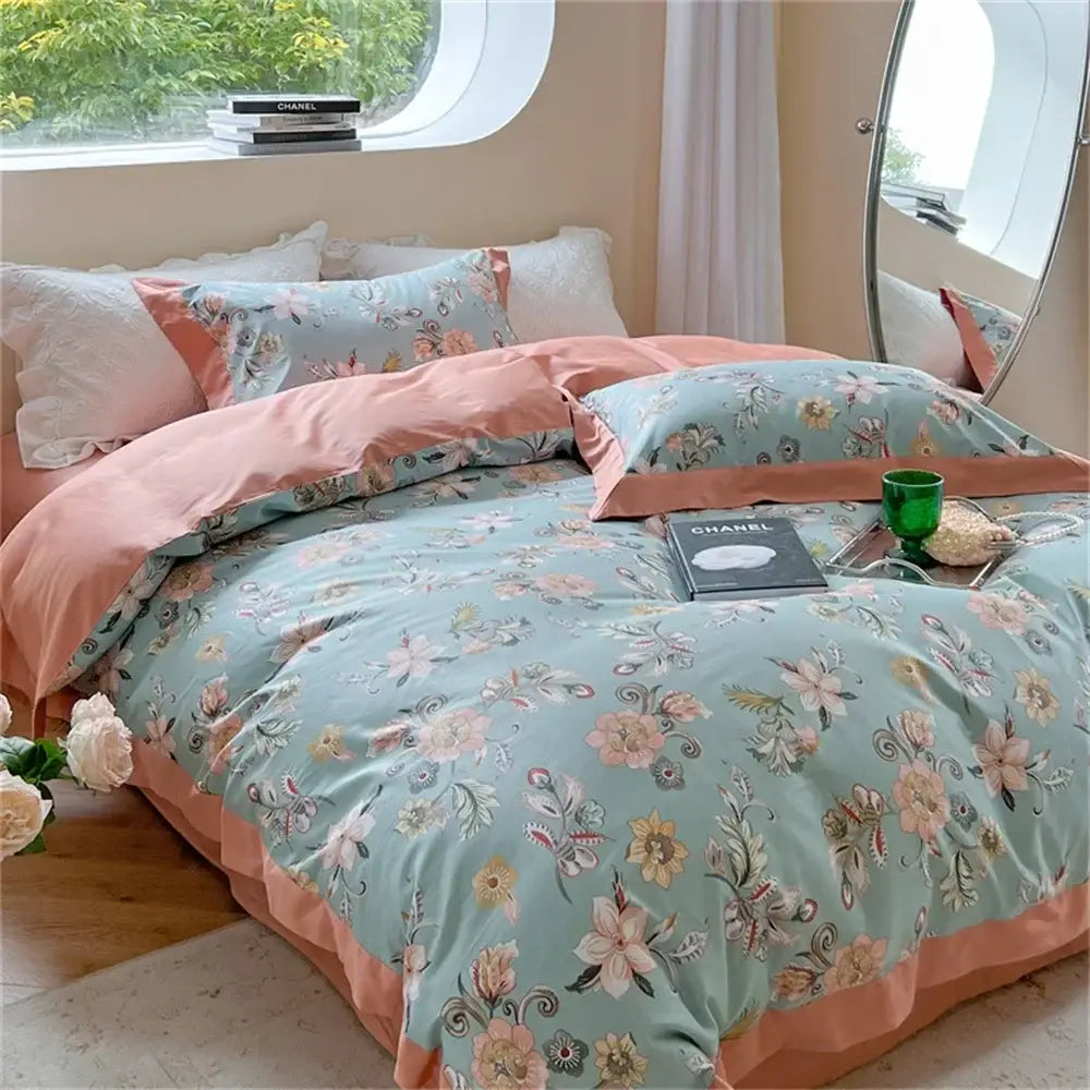 Pastel blue and peach floral bedding set with satin trim and matching pillowcases from decorbites colorful bedding collection