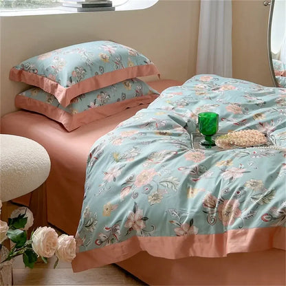 Pastel blue floral duvet cover with peach satin trim in decorbites colorful bedding set for bedroom decor